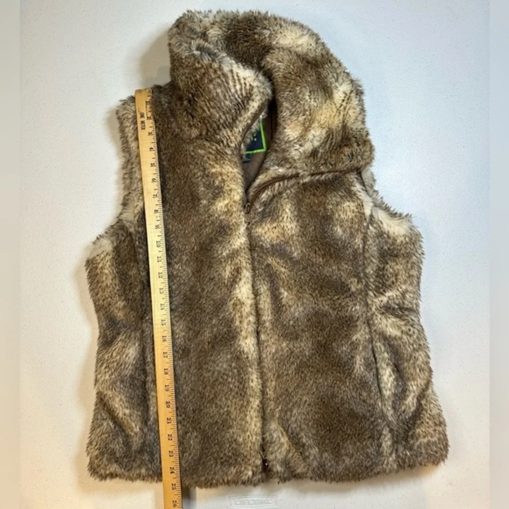 C Wonder Faux Fur Vest Womens Large Brown Tan Full Zip‎ Collar Turtleneck